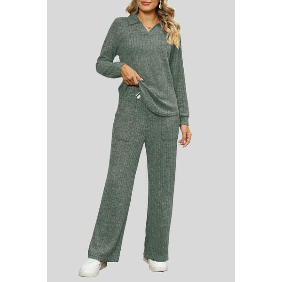 Ribbed Long Sleeve Top and Pocketed Pants Set Apparel Accessories