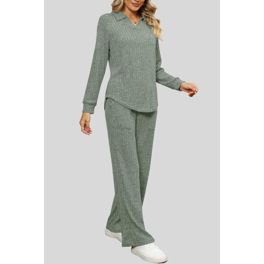 Ribbed Long Sleeve Top and Pocketed Pants Set Apparel Accessories