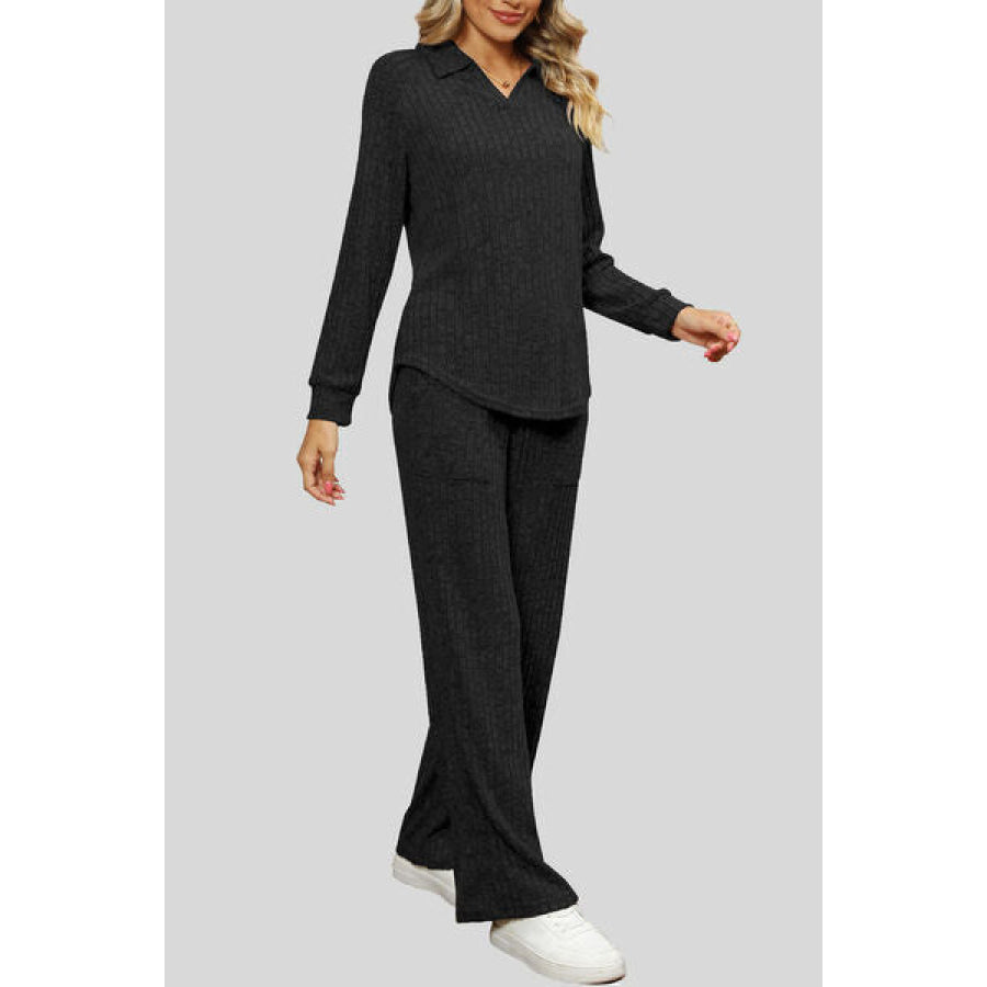 Ribbed Long Sleeve Top and Pocketed Pants Set Apparel Accessories