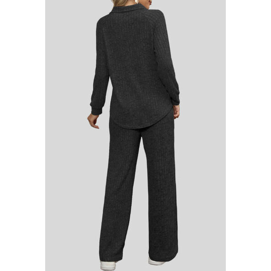 Ribbed Long Sleeve Top and Pocketed Pants Set Apparel Accessories