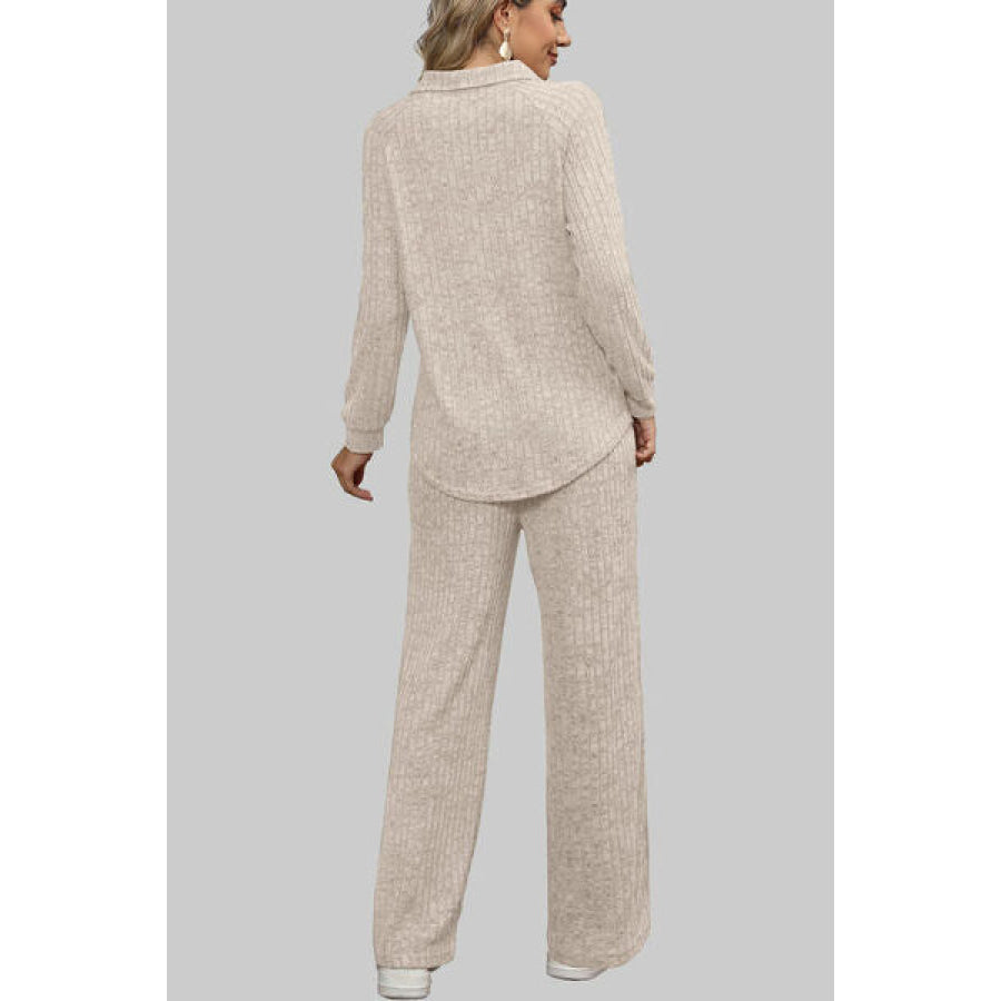 Ribbed Long Sleeve Top and Pocketed Pants Set Apparel Accessories