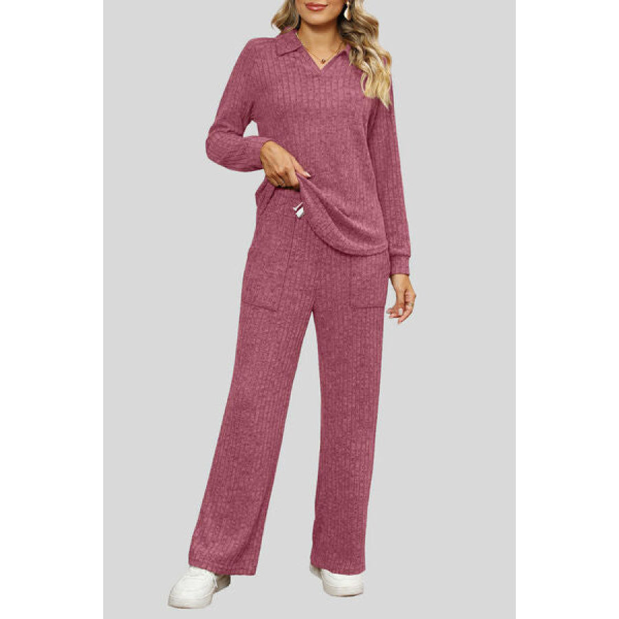 Ribbed Long Sleeve Top and Pocketed Pants Set Apparel Accessories