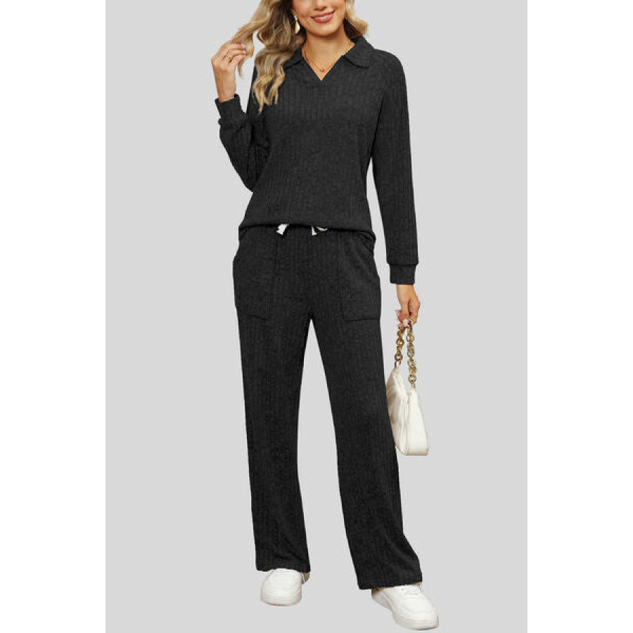 Ribbed Long Sleeve Top and Pocketed Pants Set Black / S Apparel Accessories