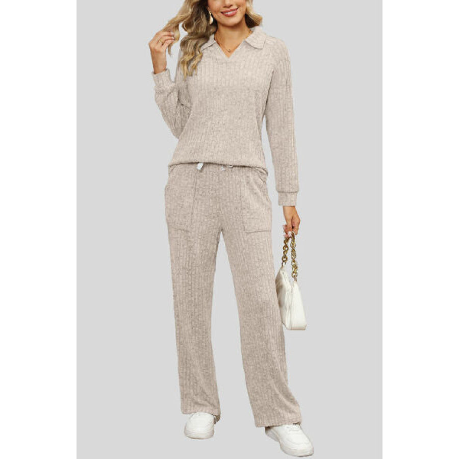 Ribbed Long Sleeve Top and Pocketed Pants Set Dust Storm / S Apparel Accessories