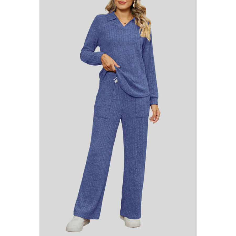 Ribbed Long Sleeve Top and Pocketed Pants Set Dusty Blue / S Apparel Accessories