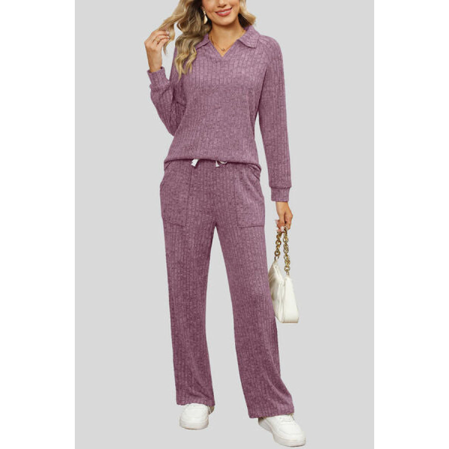 Ribbed Long Sleeve Top and Pocketed Pants Set Dusty Purple / S Apparel Accessories
