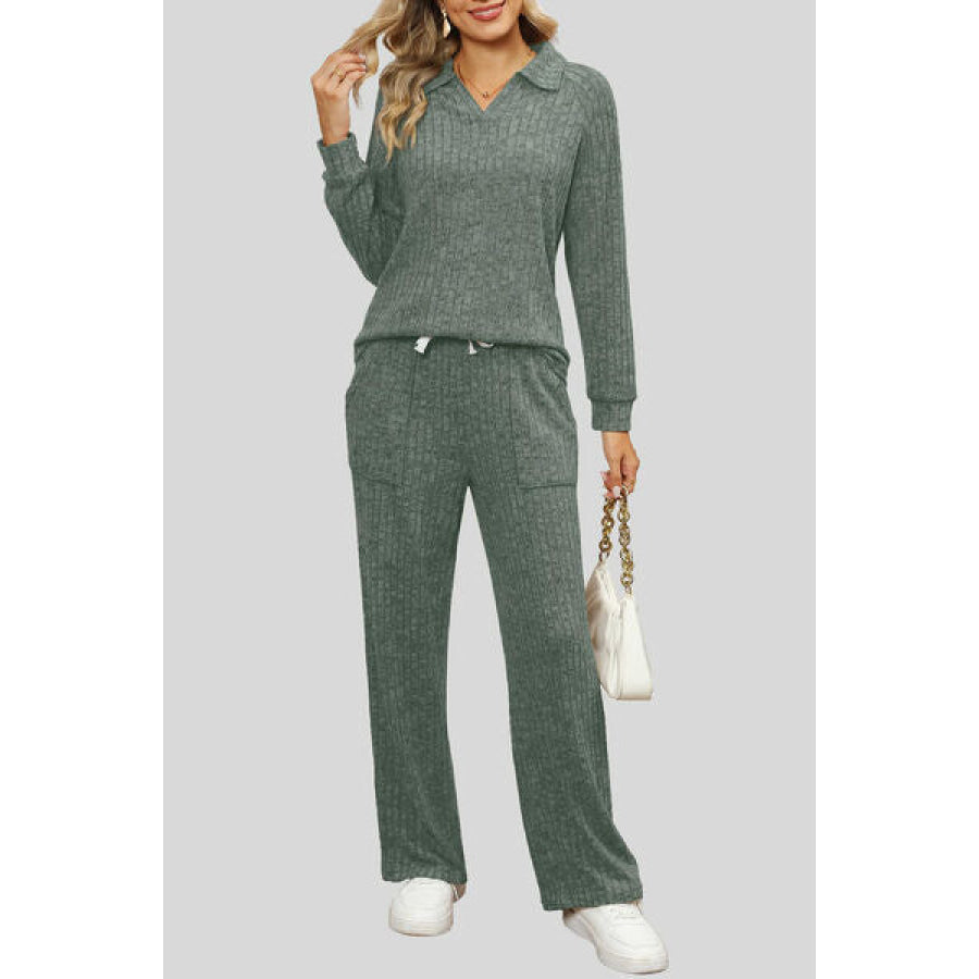 Ribbed Long Sleeve Top and Pocketed Pants Set Matcha Green / S Apparel Accessories