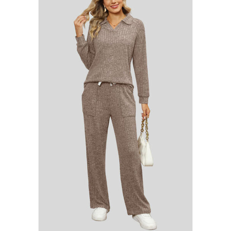 Ribbed Long Sleeve Top and Pocketed Pants Set Taupe / S Apparel Accessories