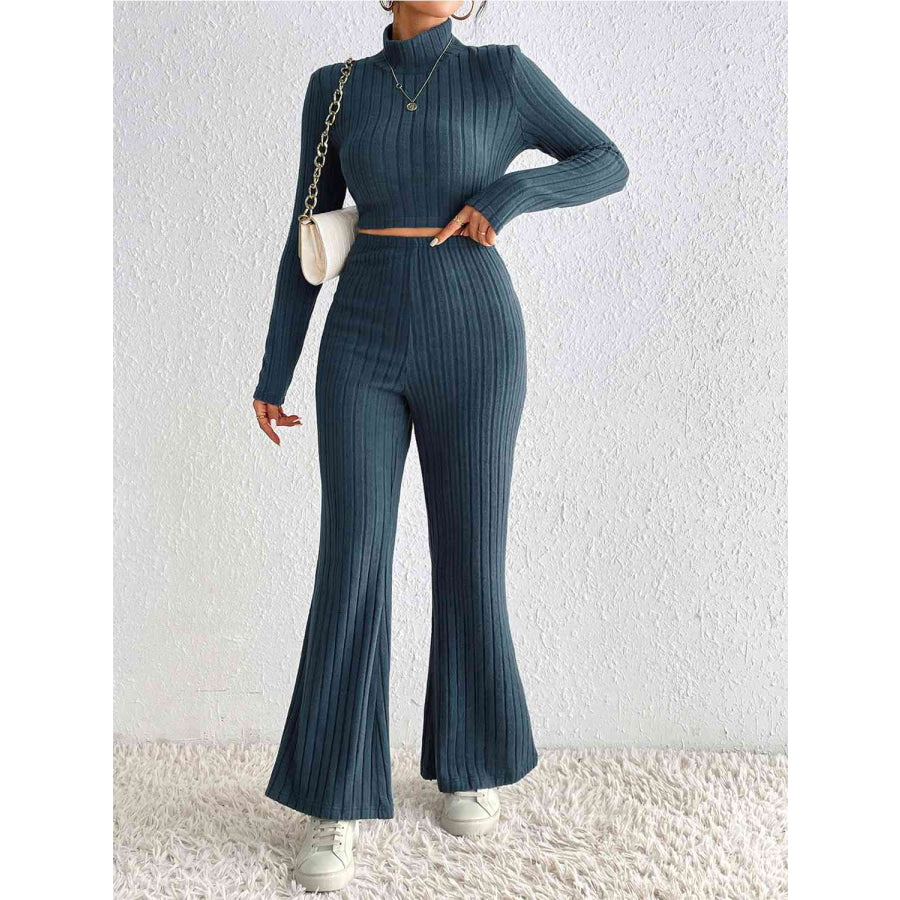 Ribbed Mock Neck Cropped Sweater & High Waist Pants Set