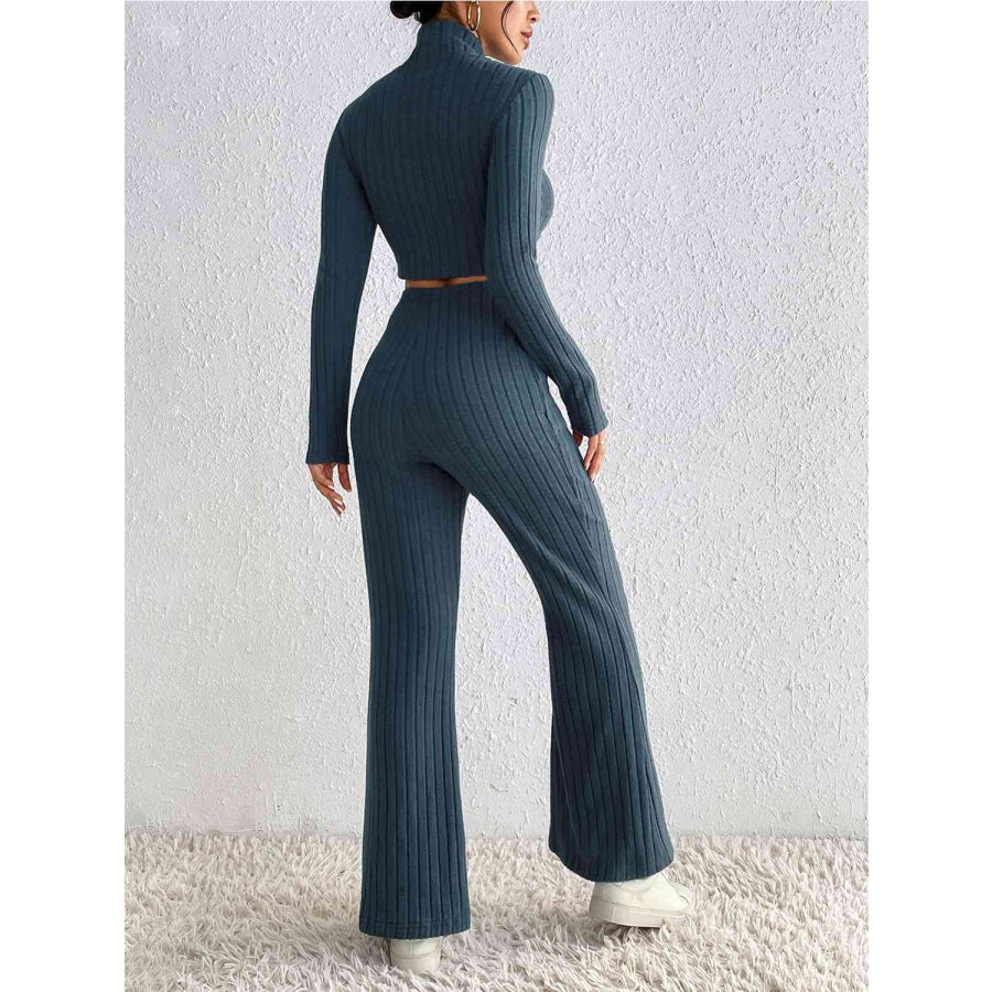 Ribbed Mock Neck Cropped Sweater & High Waist Pants Set