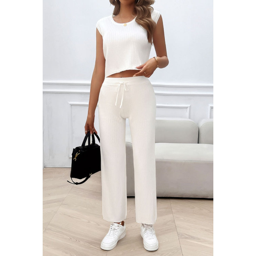 Ribbed Round Neck Top and Pants Set Apparel and Accessories