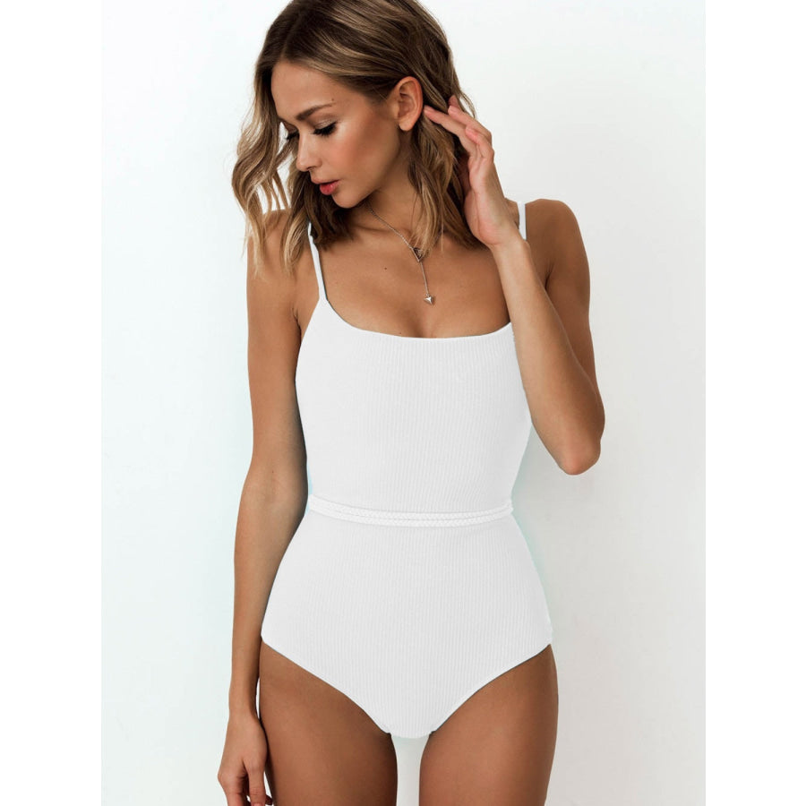 Ribbed Tie Waist One-Piece Swimsuit White / S Apparel and Accessories