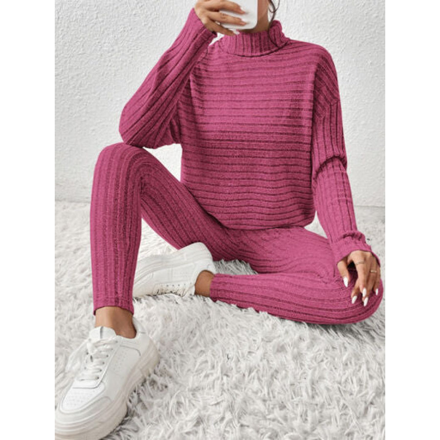 Ribbed Turtleneck Top and Pants Set Clothing