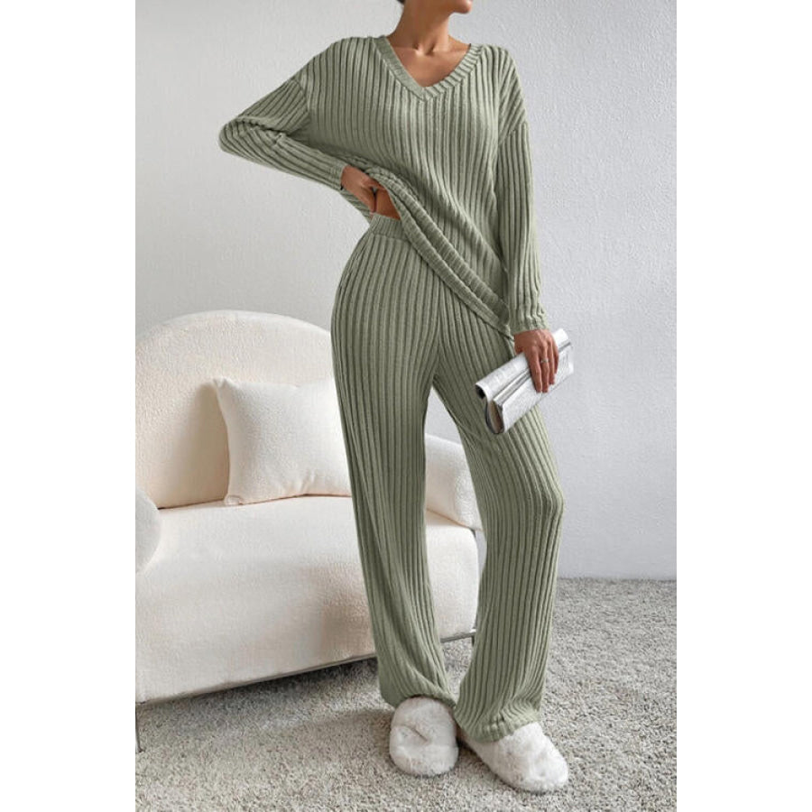 Ribbed V-Neck Top and Pants Set Apparel and Accessories