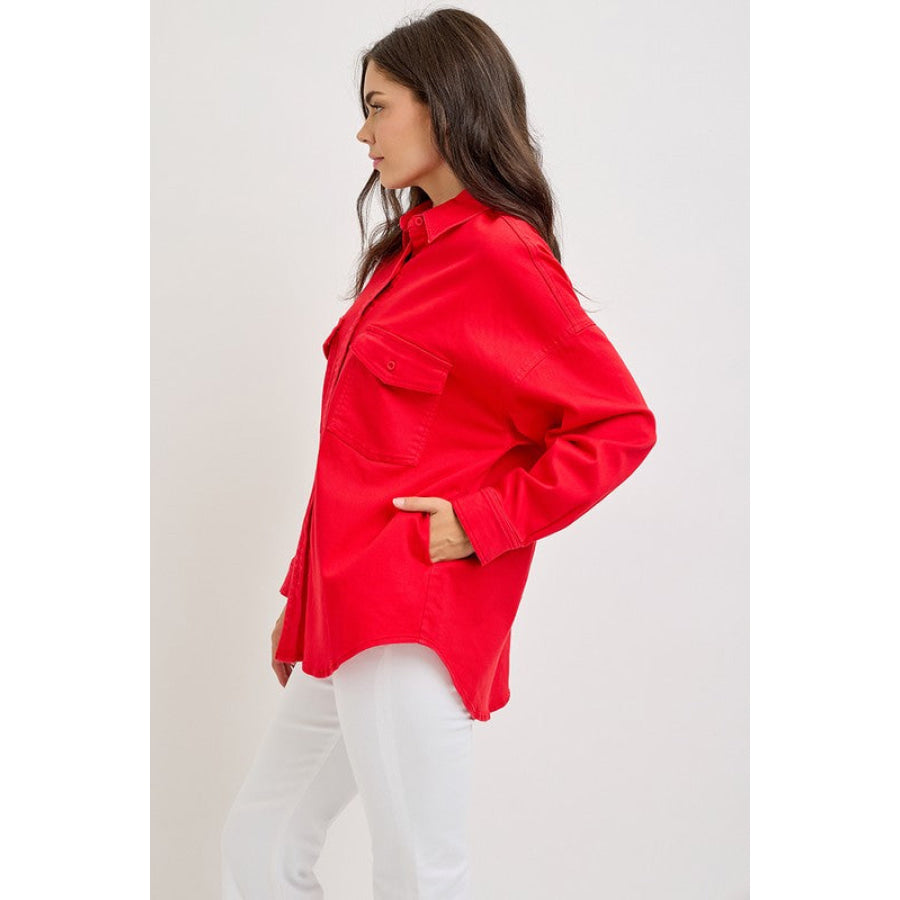 RISEN Button Down Long Sleeve Denim Shacket with Chest Pockets Apparel and Accessories