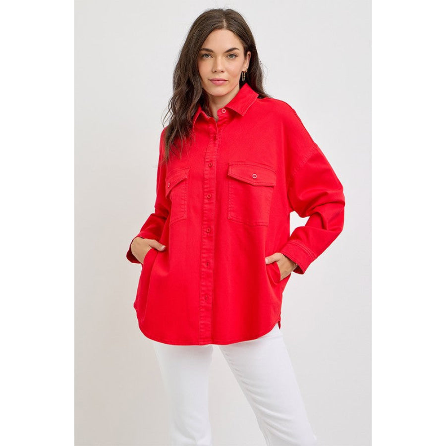 RISEN Button Down Long Sleeve Denim Shacket with Chest Pockets Apparel and Accessories