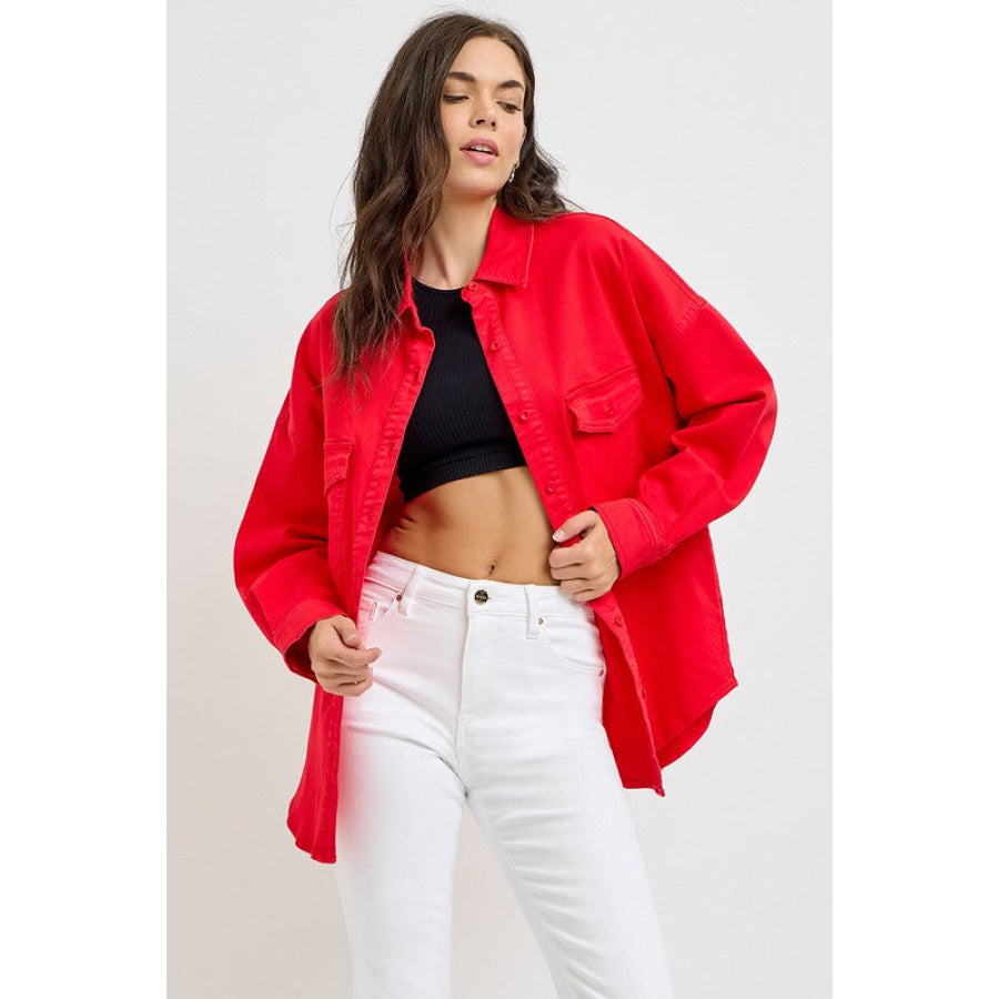 RISEN Button Down Long Sleeve Denim Shacket with Chest Pockets Apparel and Accessories