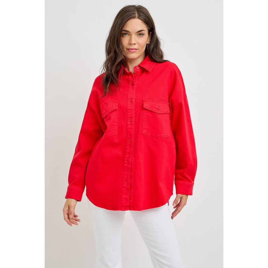 RISEN Button Down Long Sleeve Denim Shacket with Chest Pockets Scarlet / S Apparel and Accessories
