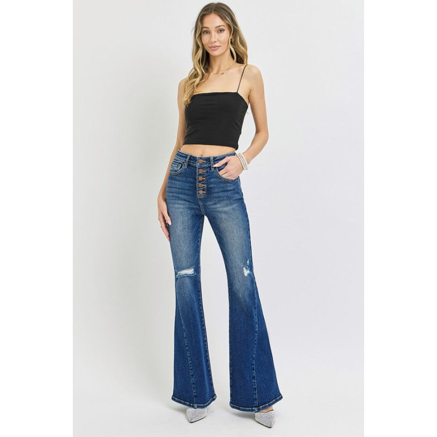 RISEN Distressed Button-Fly Flare Jeans Apparel and Accessories