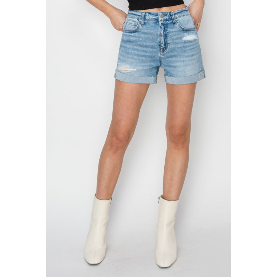 RISEN Distressed Mid-Rise Waist Denim Shorts Light / S Apparel and Accessories