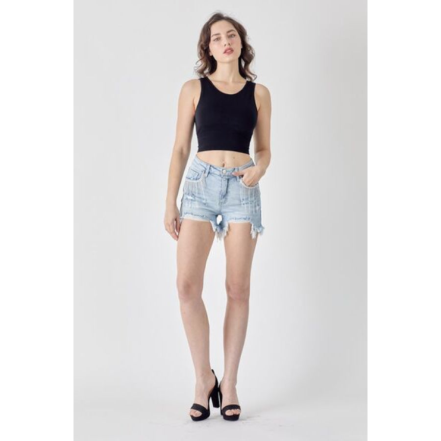 RISEN Frayed Hem Denim Shorts with Fringe Detail Pockets Apparel and Accessories
