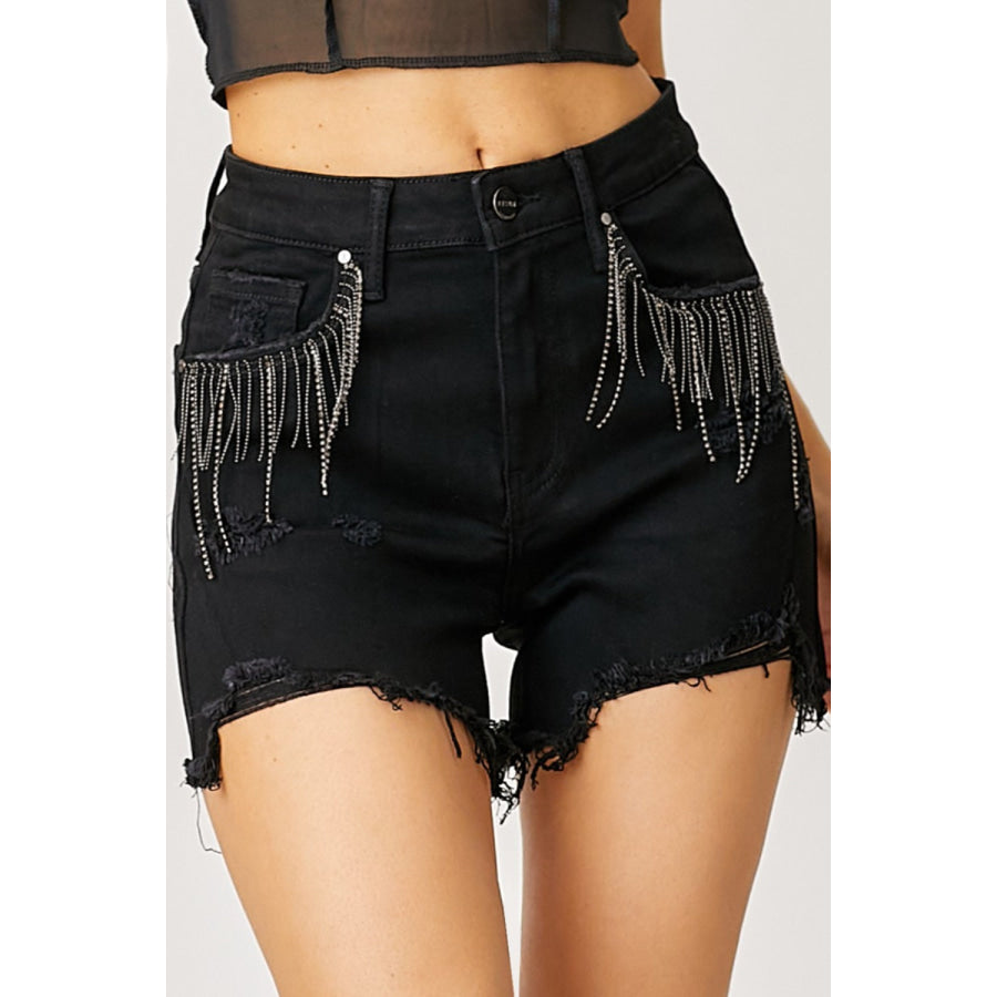 RISEN Frayed Hem Denim Shorts with Fringe Detail Pockets Apparel and Accessories