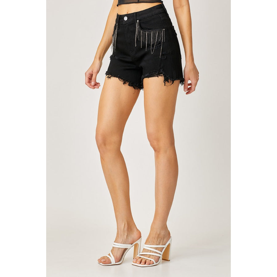 RISEN Frayed Hem Denim Shorts with Fringe Detail Pockets Apparel and Accessories
