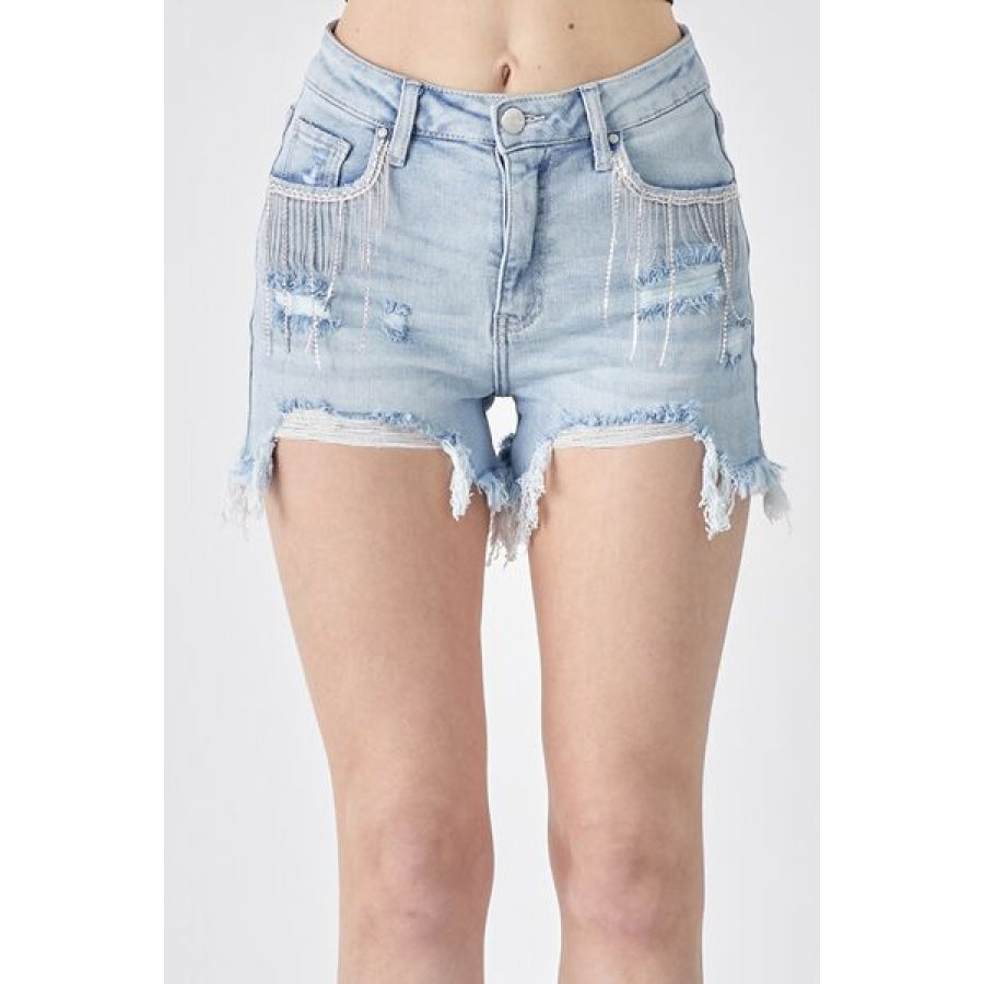 RISEN Frayed Hem Denim Shorts with Fringe Detail Pockets Apparel and Accessories