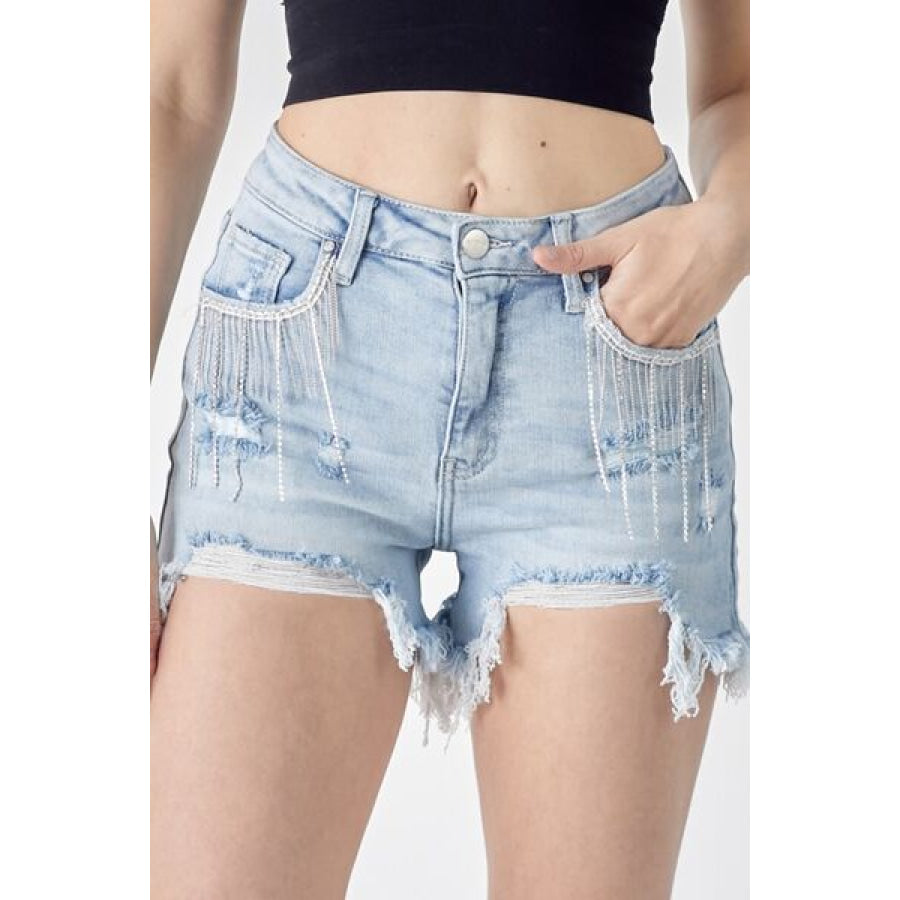 RISEN Frayed Hem Denim Shorts with Fringe Detail Pockets Apparel and Accessories