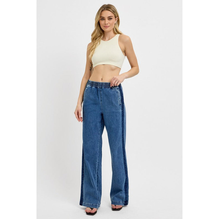RISEN Full Size Elastic Waist Wide Leg Jeans Plus Size Apparel and Accessories