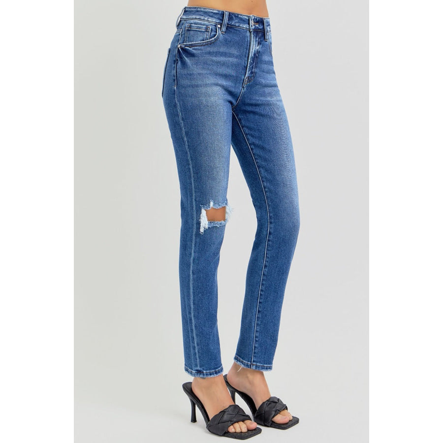 RISEN Full Size High Rise Ankle Skinny Knee Distressed Jeans Apparel and Accessories