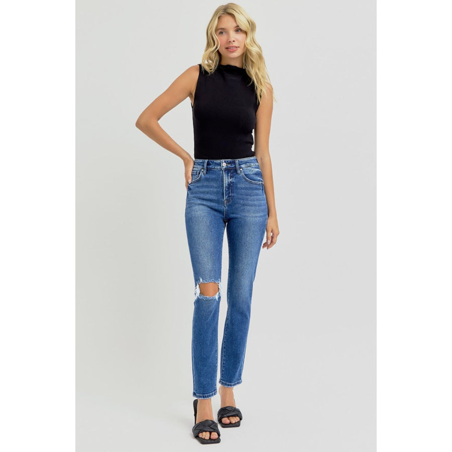 RISEN Full Size High Rise Ankle Skinny Knee Distressed Jeans Apparel and Accessories