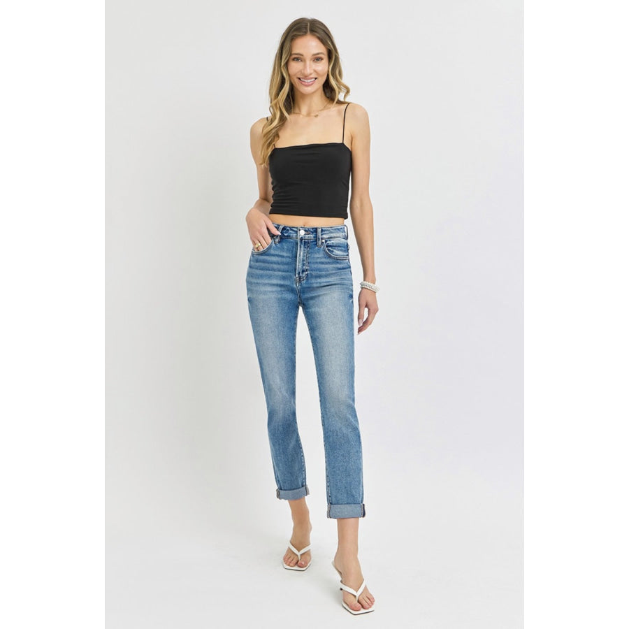 Risen Full Size High Rise Cropped Roll Up Jeans Apparel and Accessories