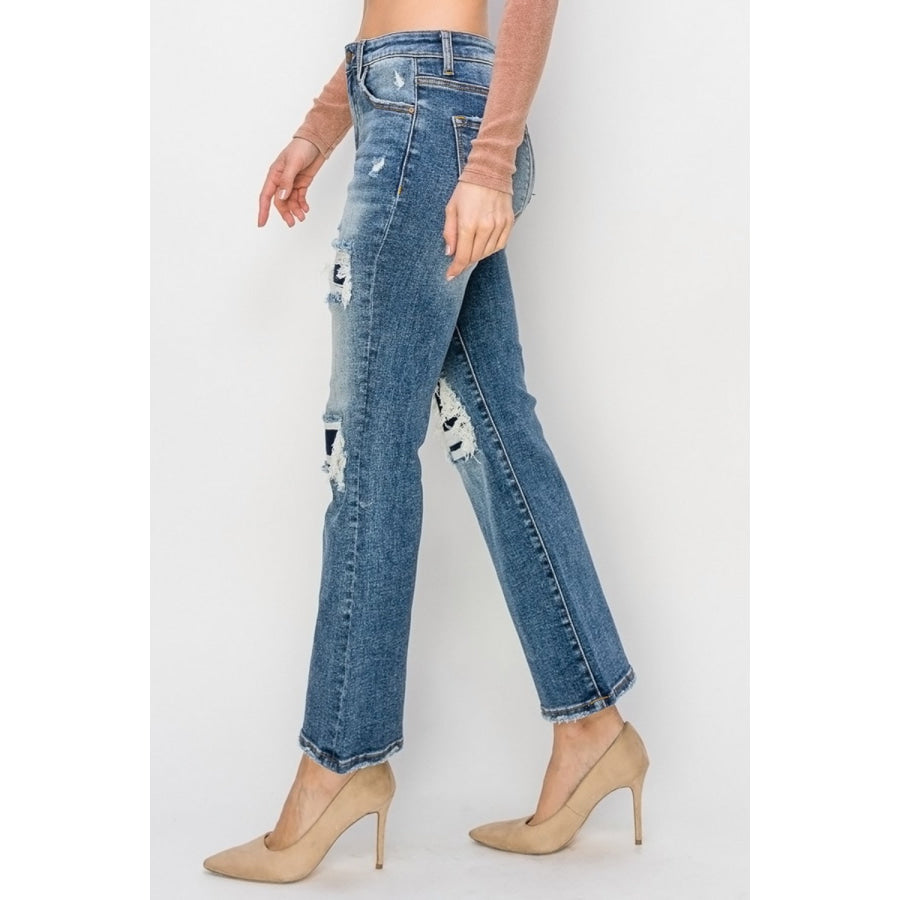 Risen Full Size High Rise Distressed Ankle Flare Jeans Apparel and Accessories
