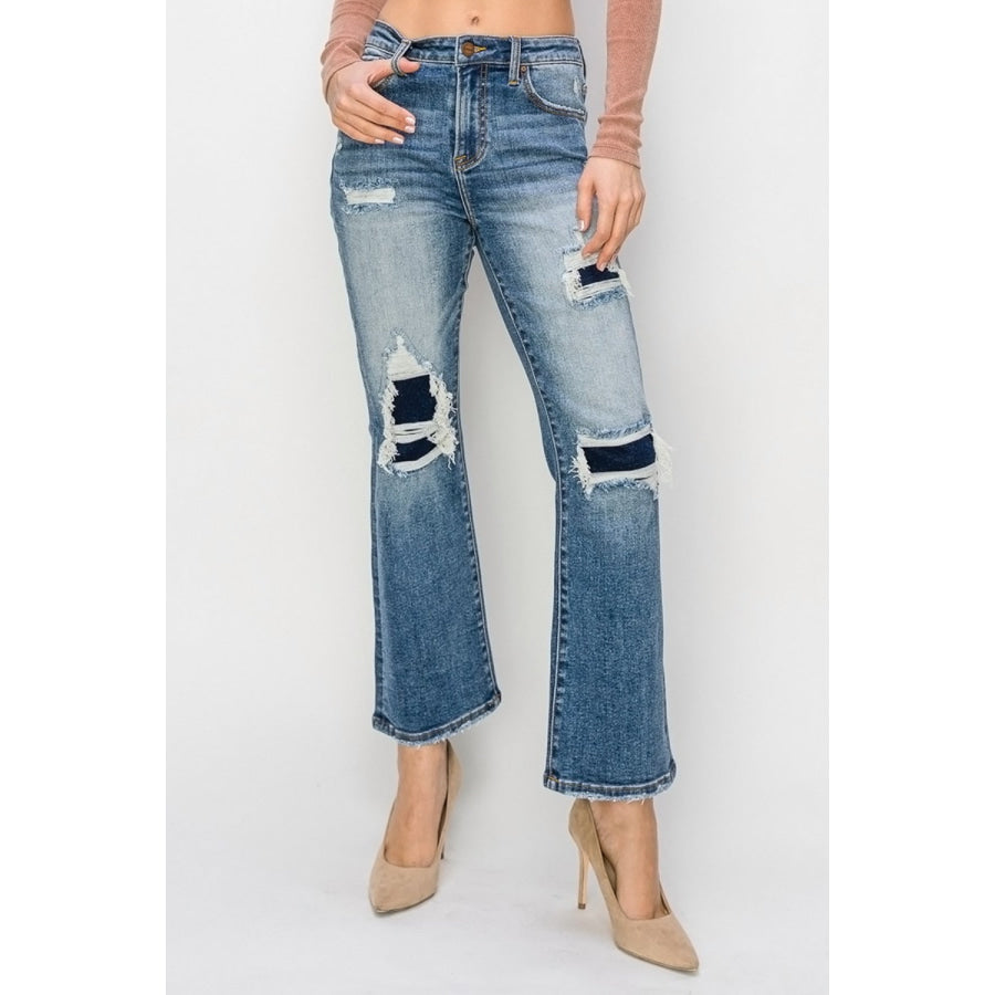 Risen Full Size High Rise Distressed Ankle Flare Jeans Apparel and Accessories