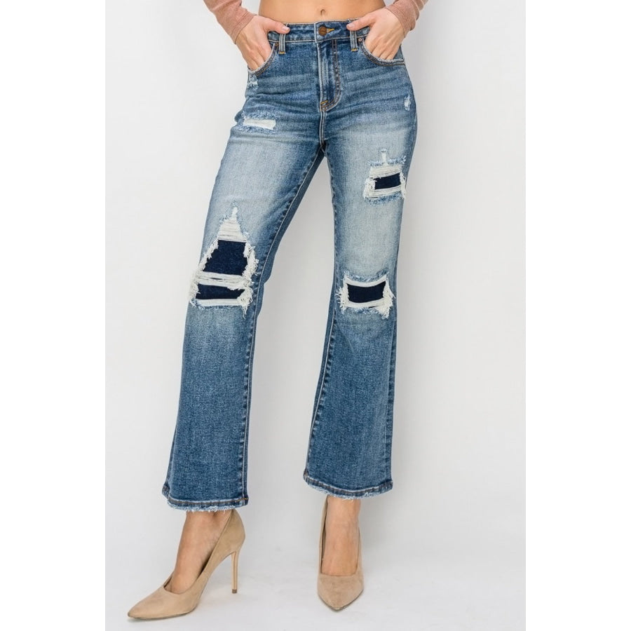 Risen Full Size High Rise Distressed Ankle Flare Jeans Apparel and Accessories