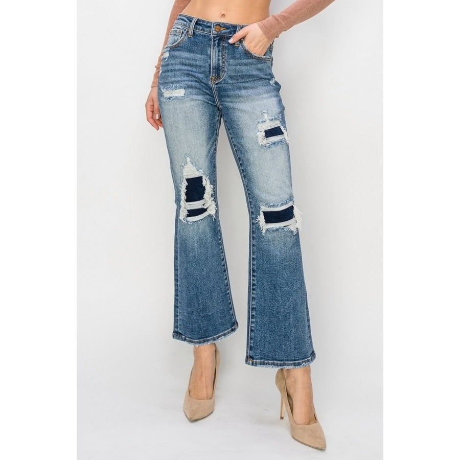 Risen Full Size High Rise Distressed Ankle Flare Jeans Apparel and Accessories