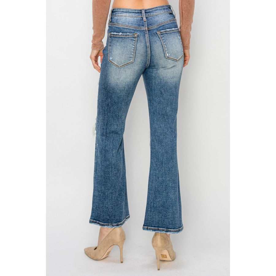 Risen Full Size High Rise Distressed Ankle Flare Jeans Apparel and Accessories