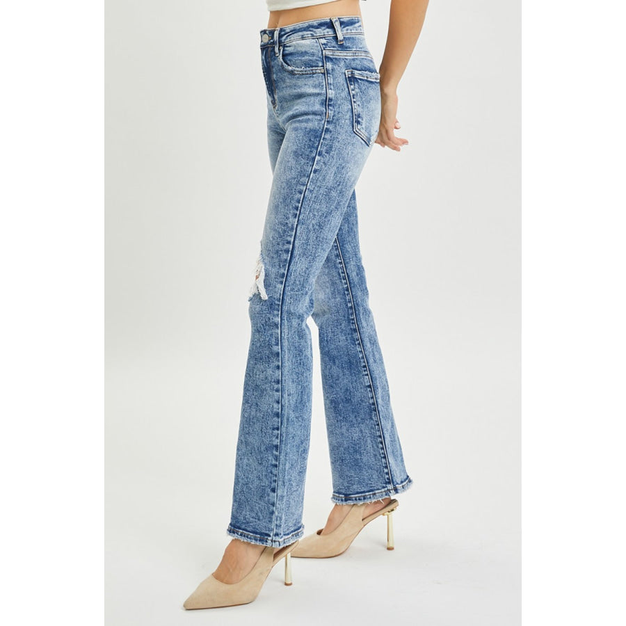 RISEN Full Size High Rise Distressed Flare Jeans Apparel and Accessories