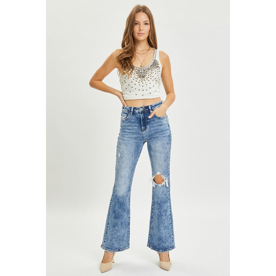 RISEN Full Size High Rise Distressed Flare Jeans Apparel and Accessories