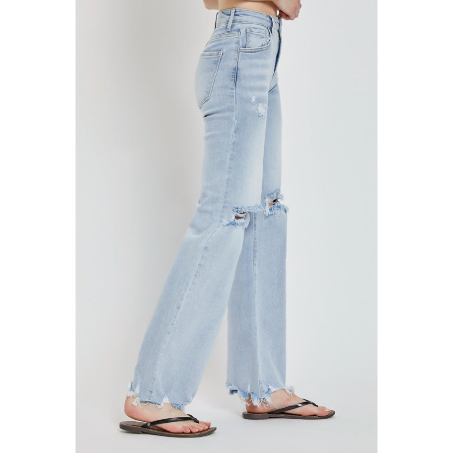 Risen Full Size High Rise Distressed Wide Leg Jeans Apparel and Accessories