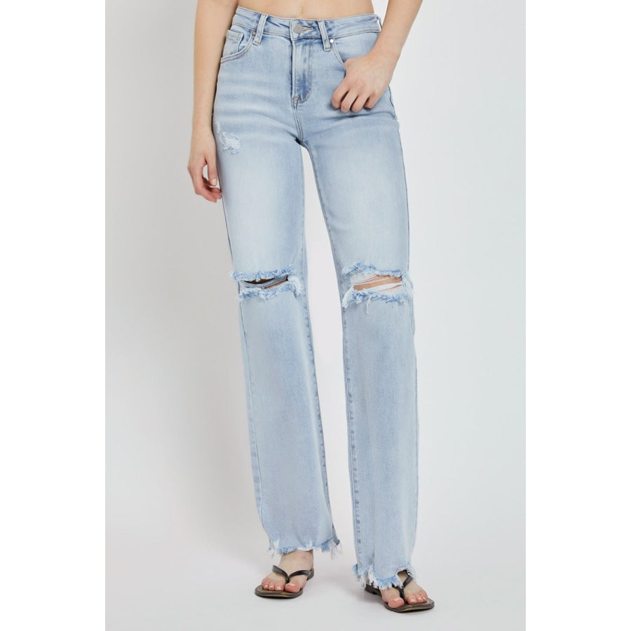 Risen Full Size High Rise Distressed Wide Leg Jeans Apparel and Accessories