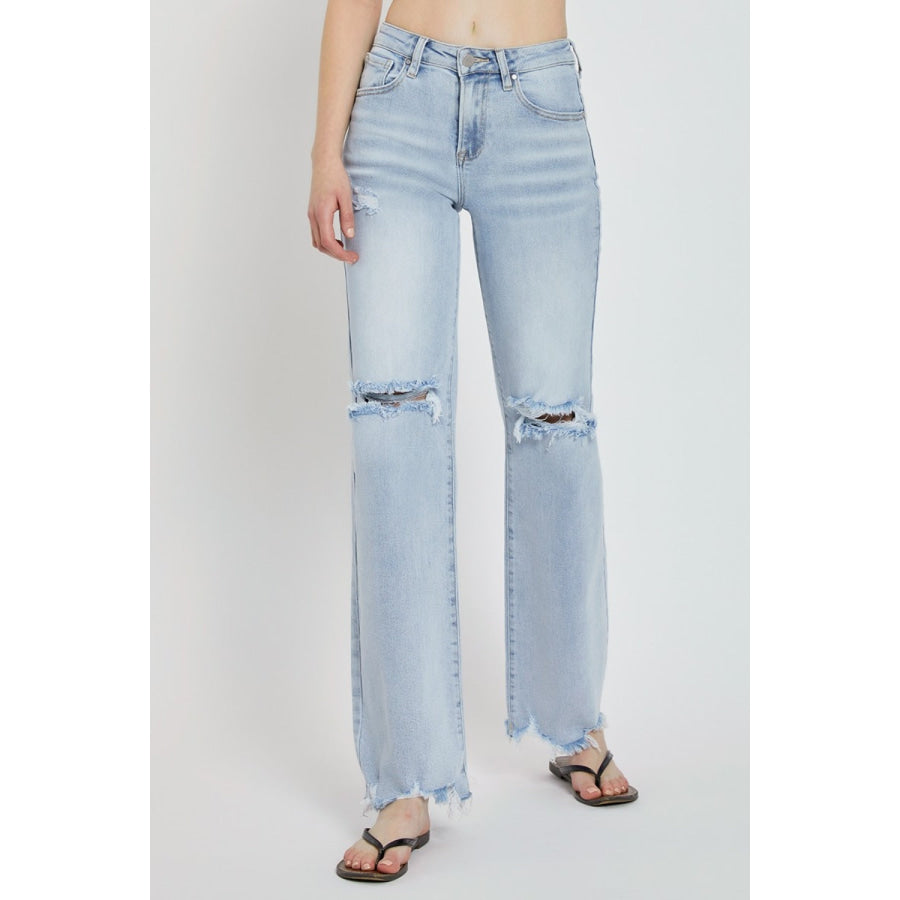 Risen Full Size High Rise Distressed Wide Leg Jeans Apparel and Accessories