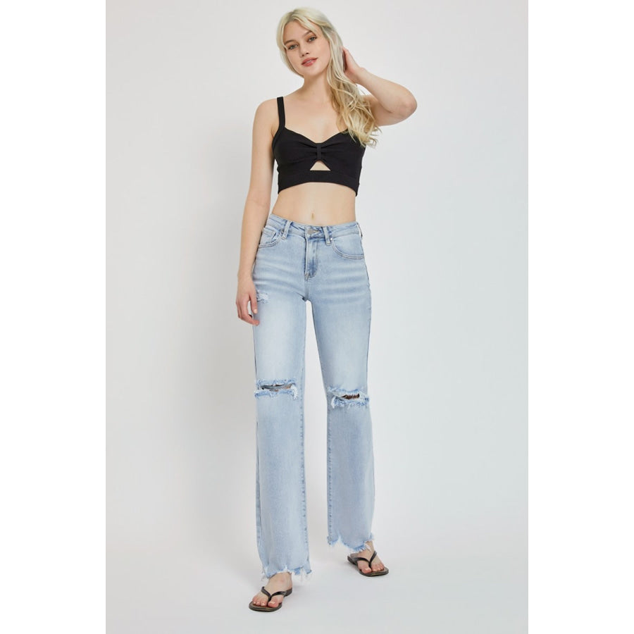 Risen Full Size High Rise Distressed Wide Leg Jeans Apparel and Accessories