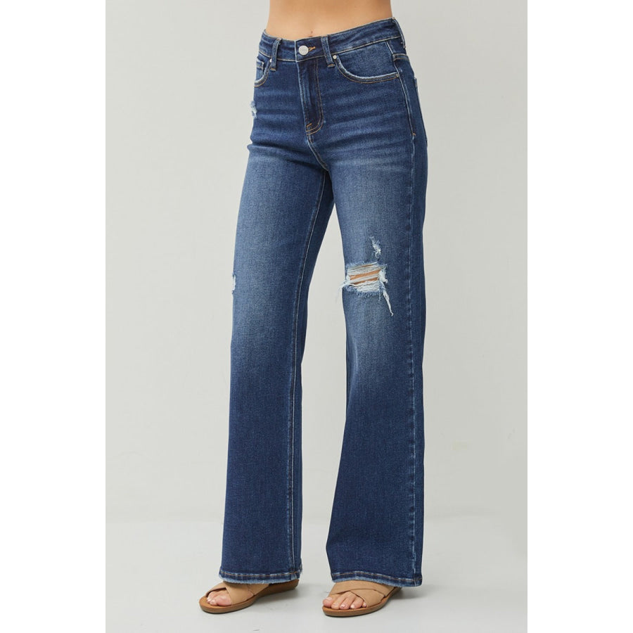 RISEN Full Size High Rise Distressed Wide Leg Jeans Apparel and Accessories