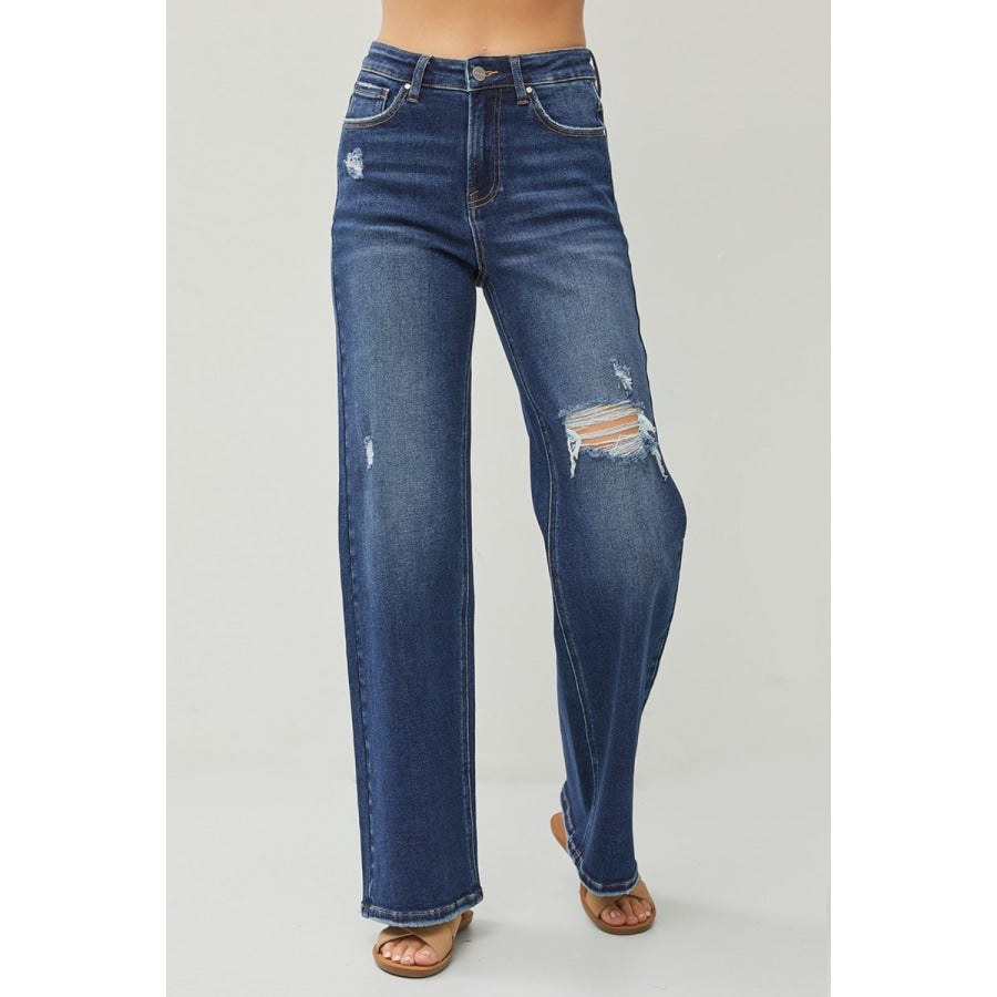 RISEN Full Size High Rise Distressed Wide Leg Jeans Apparel and Accessories