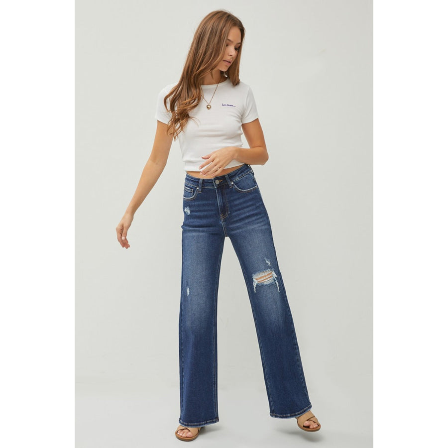 RISEN Full Size High Rise Distressed Wide Leg Jeans Apparel and Accessories