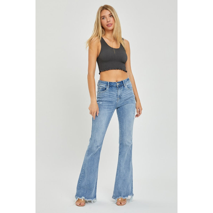 Risen Full Size High Rise Frayed Hem Flare Jeans Apparel and Accessories