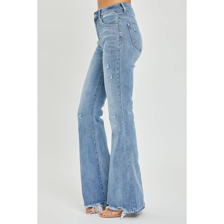 Risen Full Size High Rise Frayed Hem Flare Jeans Apparel and Accessories