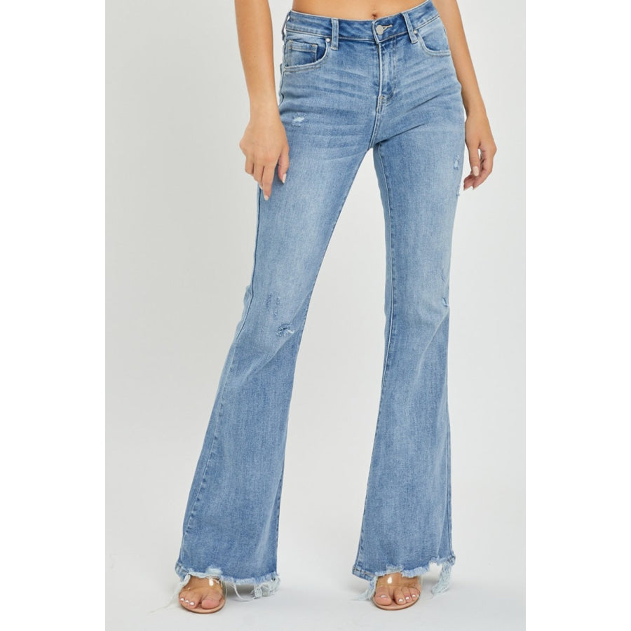 Risen Full Size High Rise Frayed Hem Flare Jeans Apparel and Accessories